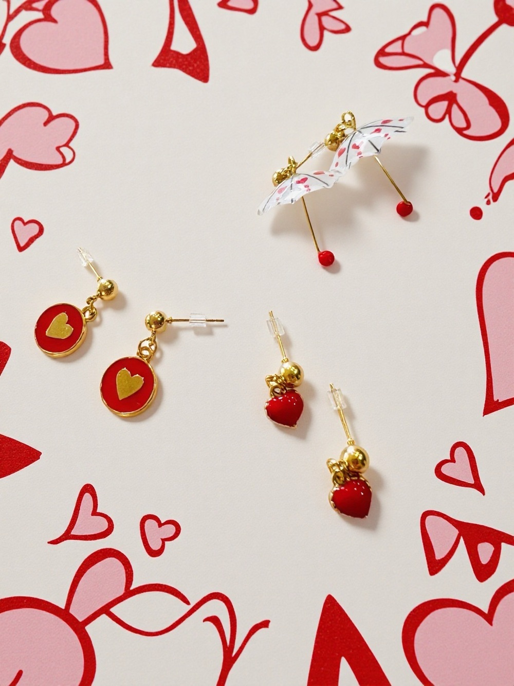 Teeny Tiny Umbrella Gold-Tone Red Hearts and Hearts Drop Earring Set of 3 - Picture 8 of 16